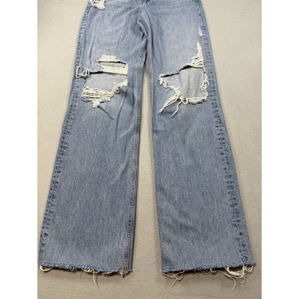 Zara Distressed Wide Leg Jeans Raw Hem Ripped Knee Blue Sz USA 4 EUR 36 - Picture 3 of 14